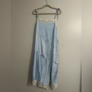 Future Collective Slip Dress Women Silk Blue Stripe Lace Trim Tie Shoulder large